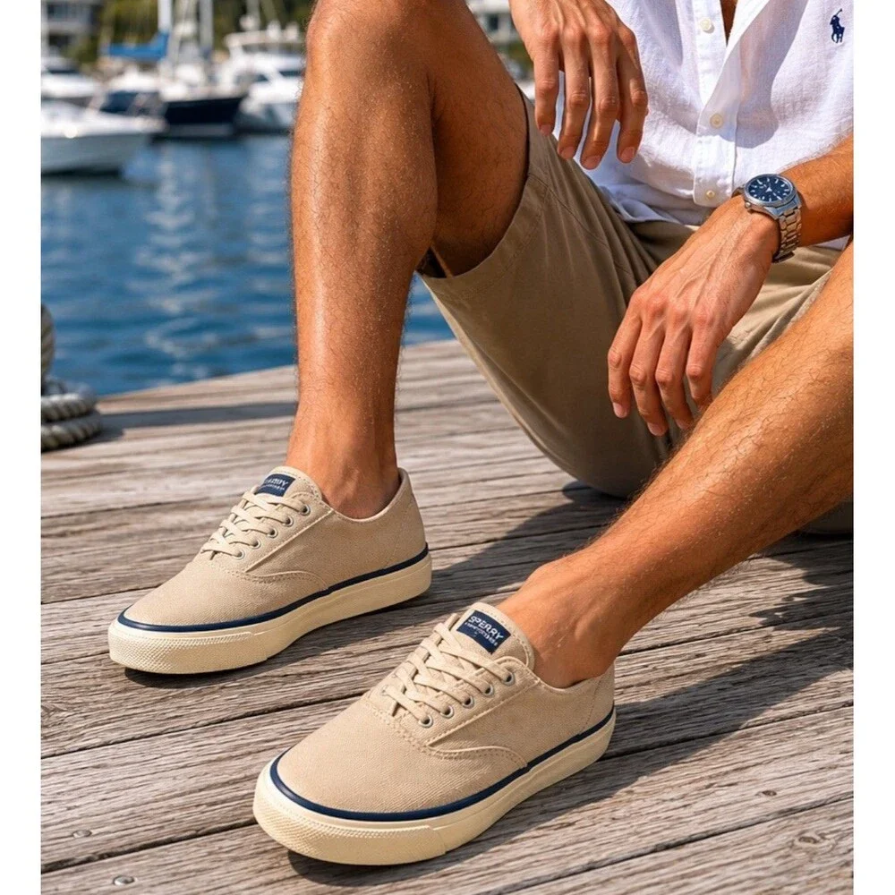 Sperry Sneakers Mens 7 Beige Top-Sider Canvas Lace Up Nautical Boat 13519899